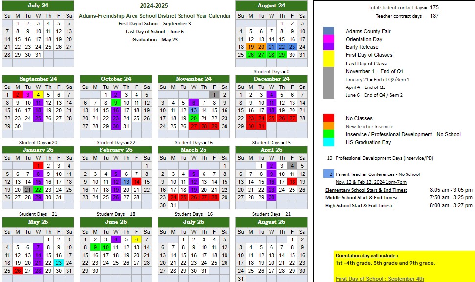 2024-2025 Adams-Friendship Area School District Calendar